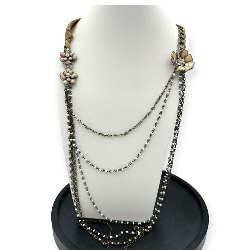 Ali Khan Statement Necklace Layered Chains Floral Pendant Rhinestones Gold Tone